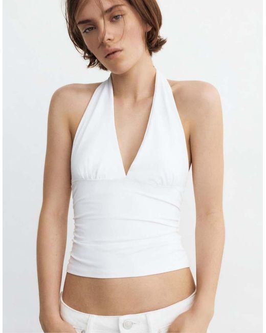 Pull&Bear White Halter Neck Top With Gathering
