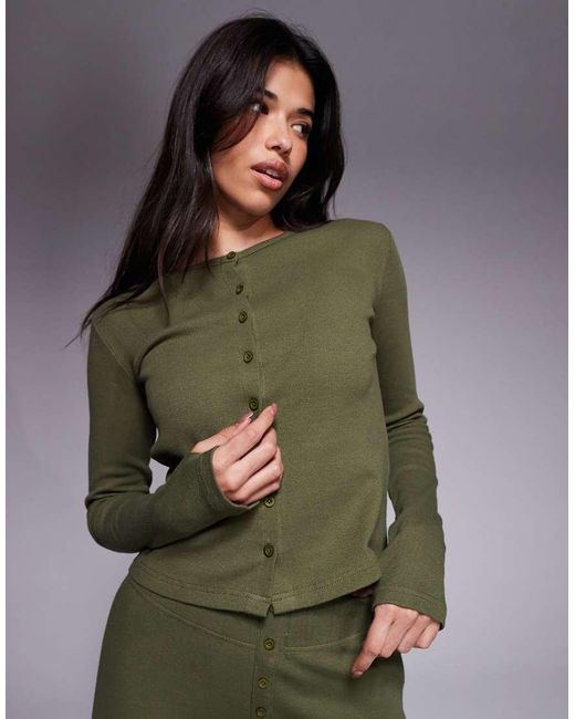 Threadbare Green Ribbed Button Down Long Sleeve Loungewear Set