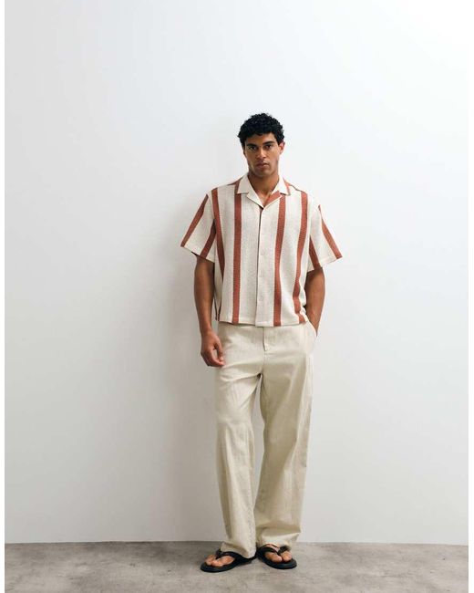 ASOS Natural Boxy Oversized Revere Crochet Stripe Shirt for men