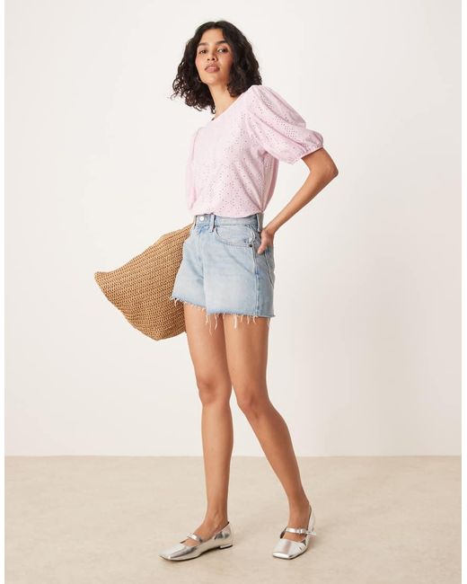 Vila White Broderie T-shirt With Puff Sleeve Detail