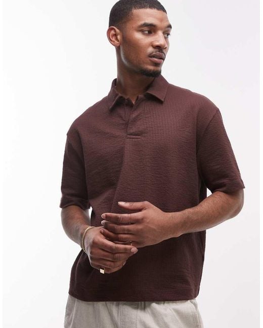 Topman Brown Relaxed Crop Fit Polo With Seersucker Stripe for men