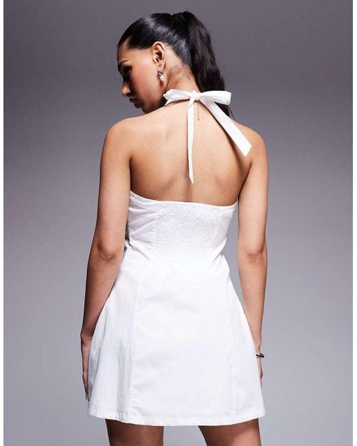 Vestido Corto Abotonado Con Cuello Halter De Popelina De Algodón De Princess Polly de color Gray