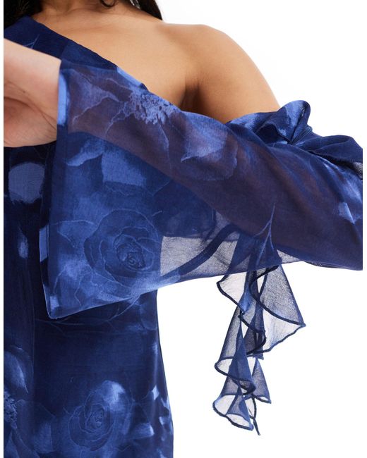 ASOS Blue Fallen Shoulder Chiffon Midi Dress With Asymmetric Hem And Tendril Detail