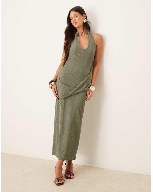 ASOS Natural Textured Halter Drape Waist Midi Dress