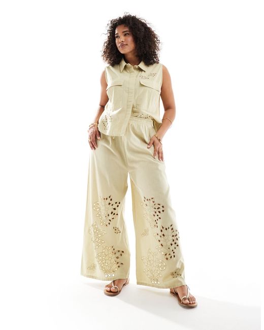 ASOS Natural Asos Design Curve Wide Leg Trouser With Cutwork Co-ord