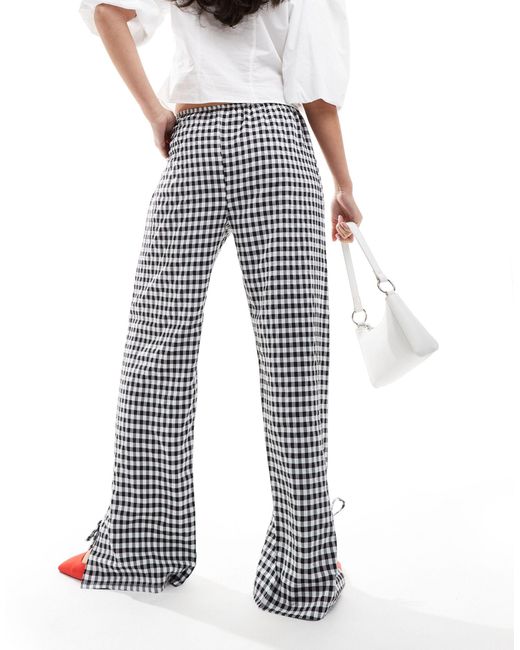Miss Selfridge White Wide Leg Gingham Trousers With Tie Side Detail