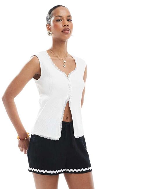 Pieces White Lace Trim Ribbed Sleeveless Top With Button Front Detail