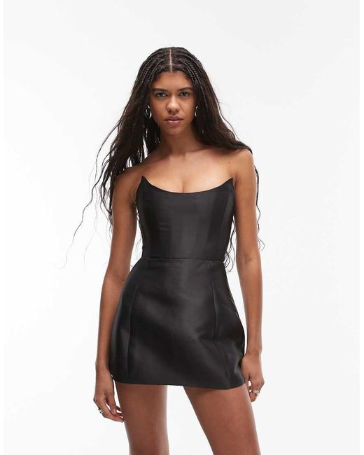 HEIRESS BEVERLY HILLS Black Structured Satin Lace Up Back Bandeau Mini Dress
