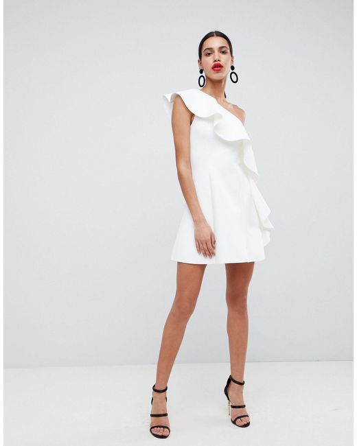 ASOS White One Shoulder Ruffle A-line Mini Dress