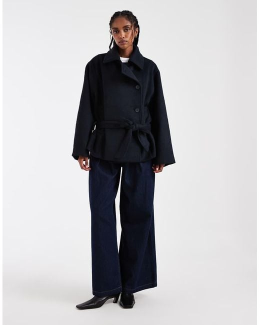 ASOS Blue Low Belt Short Trench Coat With Wool