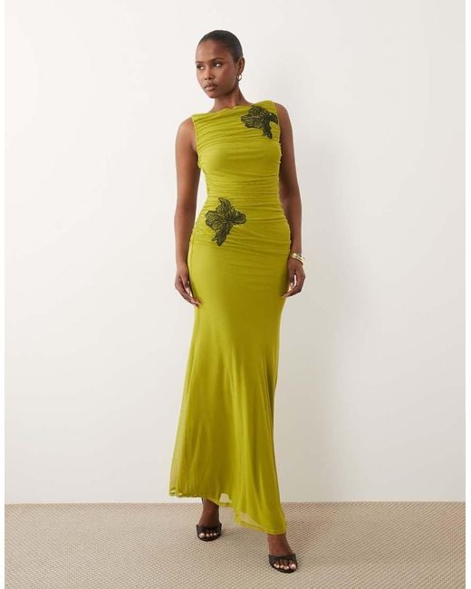 ASOS Green Ruched Mesh Maxi Dress With Floral Applique And Ruched Detail