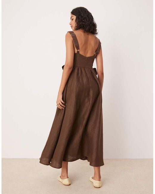 Vrg Grl Brown Daphne Linen Ruffle Detail Midi Dress