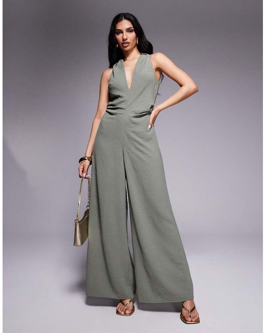 ASOS Gray Ruched Waist Detail V Neck Jumpsuit