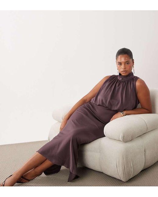 ASOS Brown Asos Design Curve Halter Neck Blouson Satin Maxi Dress