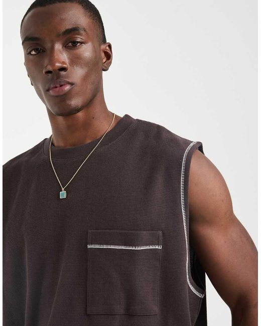 ASOS Brown Heavyweight Oversized Tank With Contrast Stitch And Pocket for men