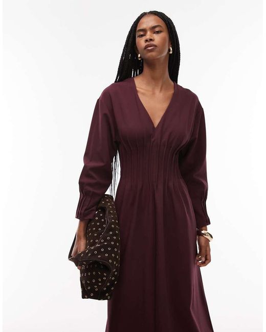ARKET Red V-Neck Cinched Waist Midaxi Dress With Volume Sleeves