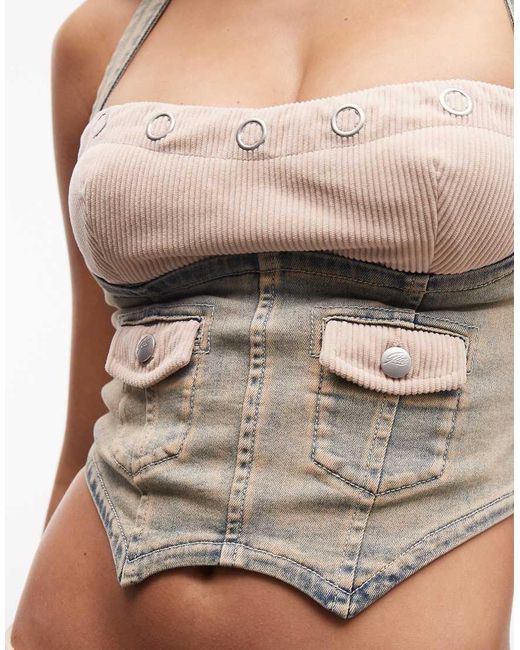 I.AM.GIA Brown Tommie Halterneck Corduroy Contrast Bust Detail Denim Top Co-ord