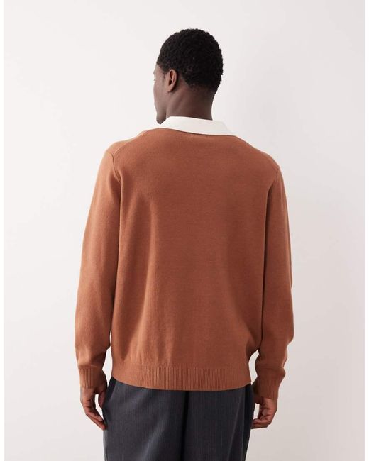ASOS Brown Relaxed Knit Long Sleeve Notch Neck Polo Shirt for men