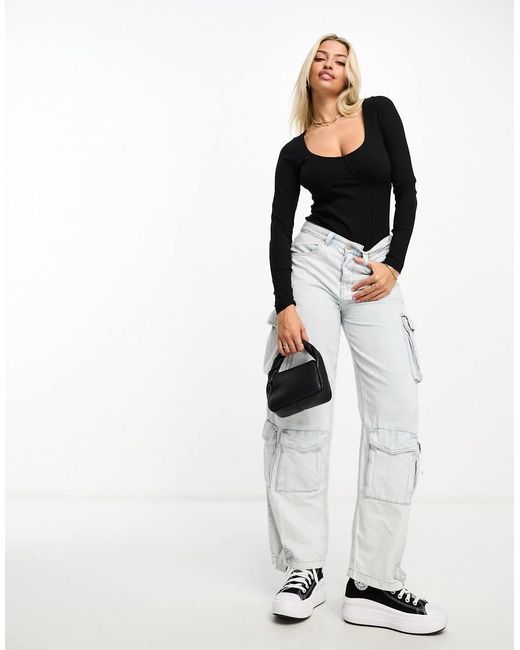 ASOS Black Fuller Bust Rib Bodysuit With Bust Seams And Long Sleeve
