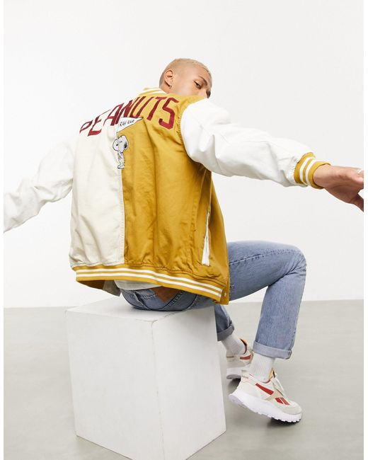 Bershka Natural Peanuts Varsity Bomber Jacket for men