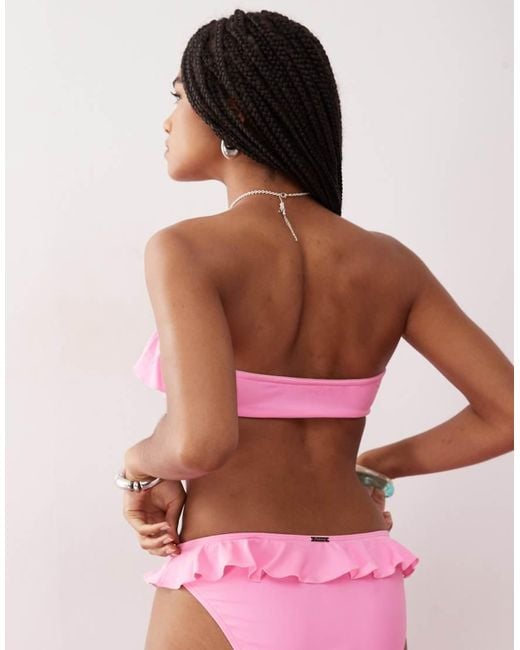 Reclaimed Vintage Pink Bandeau Bikini Top With Ruffles And Tie Front