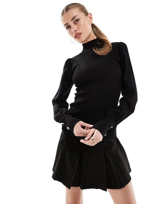 River Island Black Puff Sleeve Knit Top With Button Detail