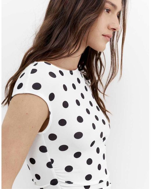 Pull&Bear Blue Gathered Polka Dot Asymmetric Top