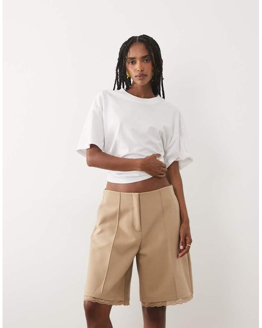 Miss Selfridge Natural Tailored Bermuda Short With Lace Trim