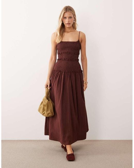 ASOS Brown Crinkle Maxi Sundress With Shirred Dropped Waist