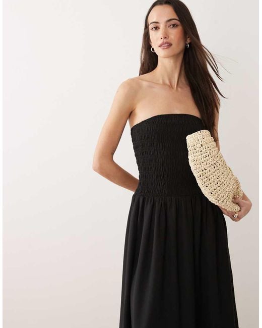 Brave Soul Black Strapless Midi Dress With Shirred Bodice