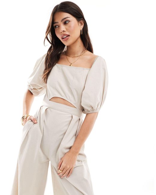 ASOS White Puff Sleeve Bardot With Front Cutout Jumpsuit