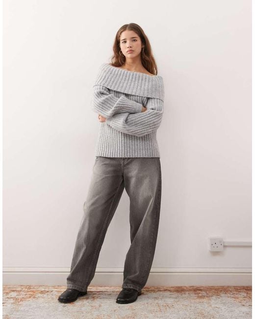 Monki Gray Oversized Bardot Knitted Jumper