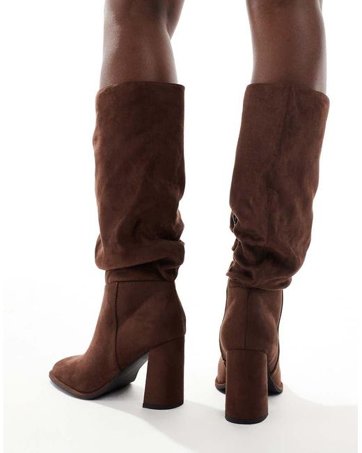 London Rebel Brown maggie Slouchy Block Heel Boots