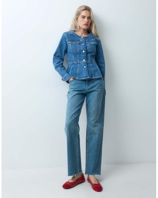 Gap Blue Scoop Neck Peplum Denim Jacket