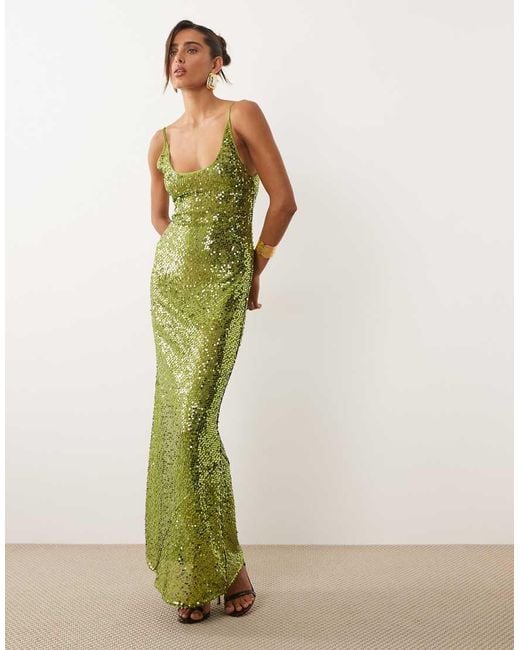 ASOS Green Embellished Sheer Scattered Sequin Cami Maxi Dress