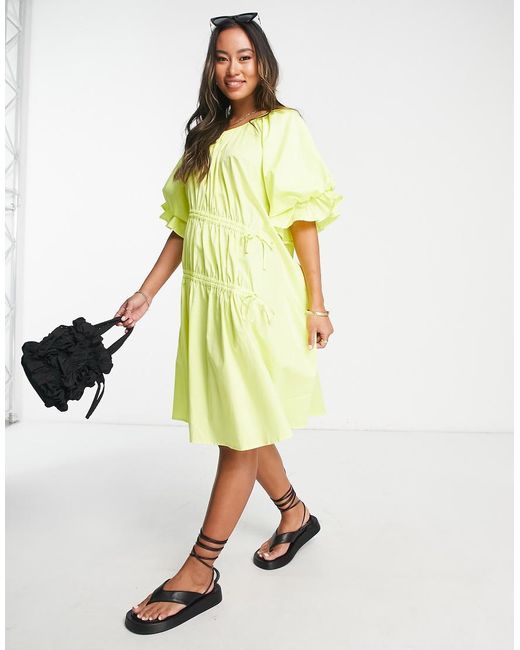 Y.A.S Yellow Ruched Puff Sleeve Mini Dress