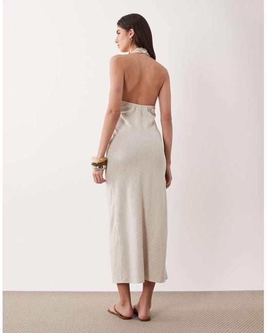 ASOS Natural Halter Neck Linen Look Slip Maxi Sundress With Stripe Bust