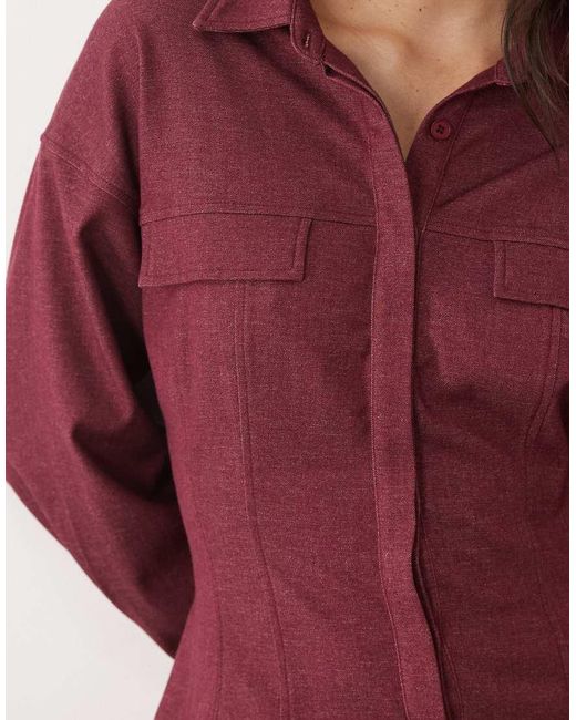 Kaiia Exclusive Tailored Stretch Woven Cinched Waist Seam Detail Shirt
