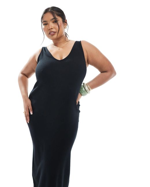 ASOS Black Asos design curve – ärmelloses, geripptes midaxi-kleid