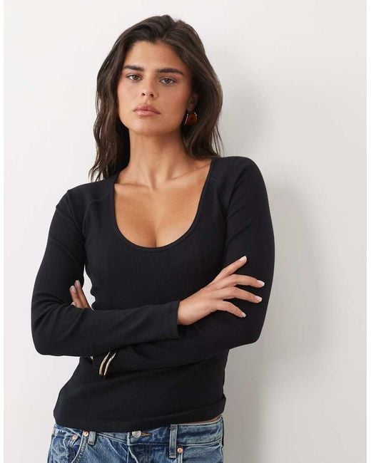 ASOS Black Ribbed Deep Scoop Neck Long Sleeve