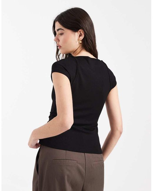 ASOS Black Ribbed Boat Neck T-shirt With Ruched Waist