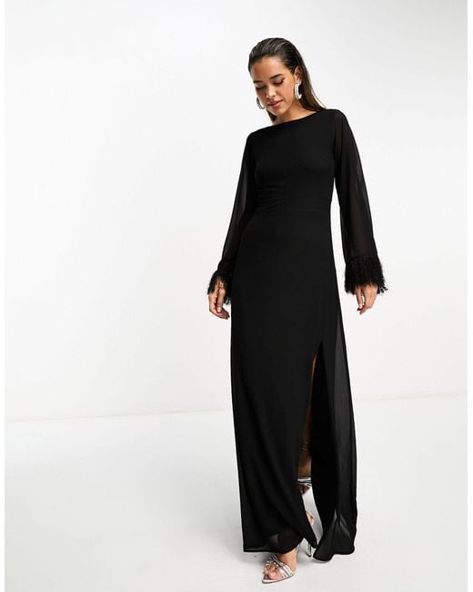 TFNC London Black Long Sleeve Maxi Dress With Faux Feather Cuffs