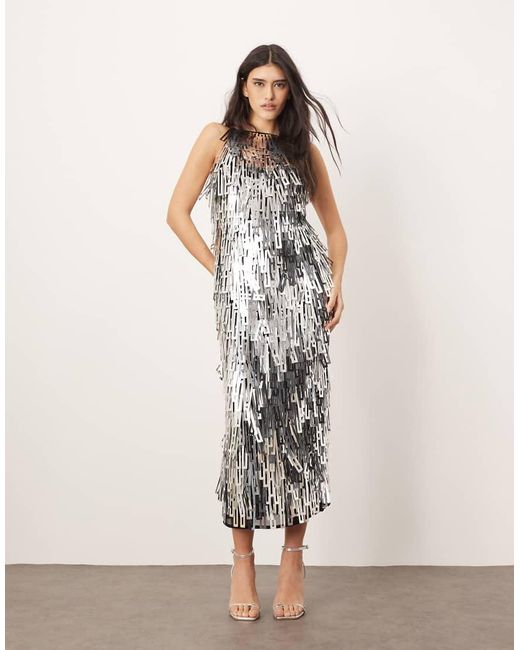 ARRANGE Natural Geo Shard Sequin Low Back Column Midi Dress