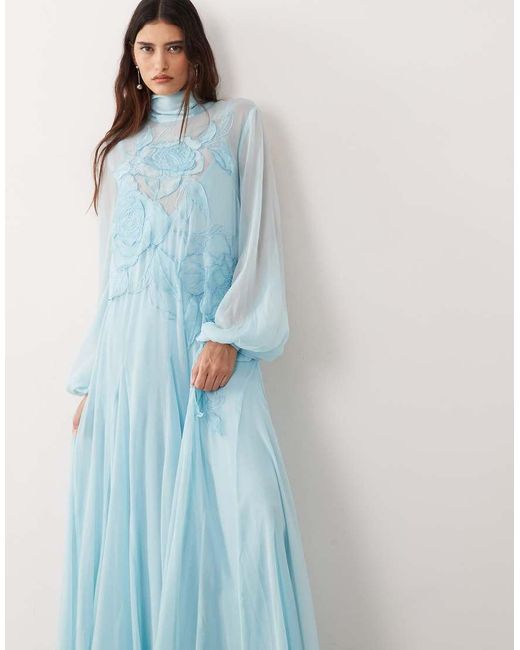 ARRANGE Blue Applique Floral Tie Neck Blouson Sleeve Trapeze Maxi Dress