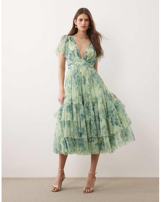 LACE & BEADS Green Madison Tulle Flutter Sleeve Plunge Neck Midi Dress
