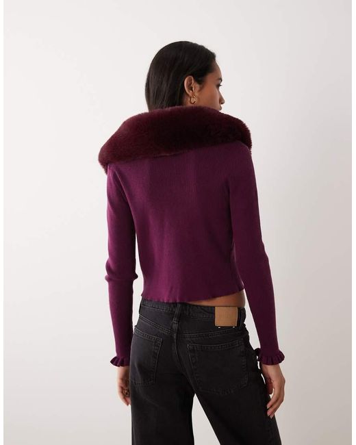 Miss Selfridge Red Tie Front Cardigan With Fur Collar And Cuff