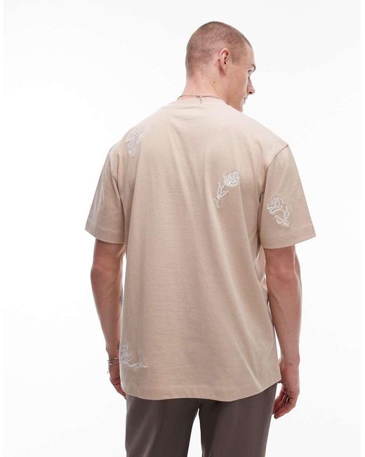 T-Shirt Oversize Color Pietra Con Fiori Ricamati Sul Davanti E Sul Retro di Topman in Natural da Uomo
