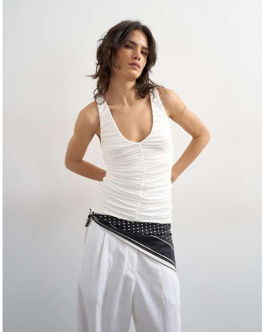 TOPSHOP White Ruched V-Neck Tank Top