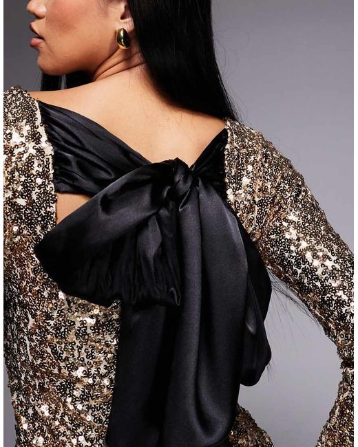 Kaiia Gray Exclusive Slash Neck Satin Bow Tie Back Sequin Mini Dress