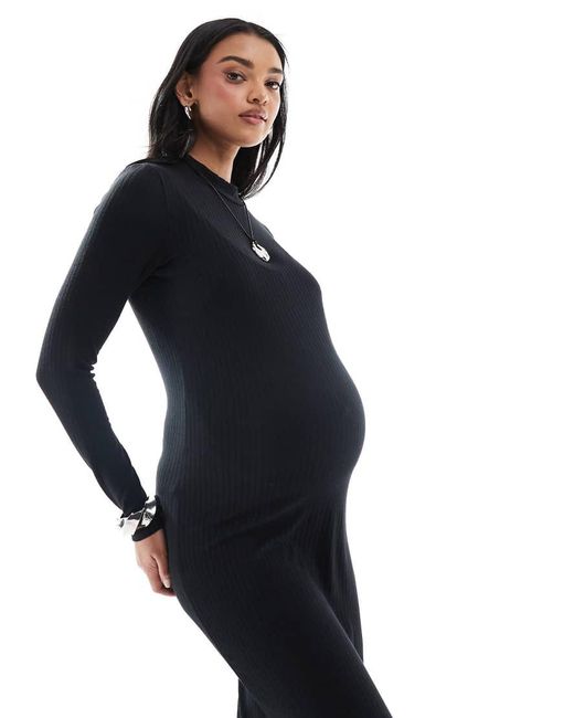 Mama.licious Blue Mamalicious Maternity Soft High Neck Ribbed Long Sleeved Midi Dress